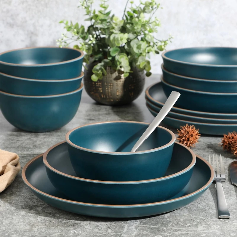 Gibson Home Rockabye 12 Piece Double Bowl Melamine Dinnerware Set, Matte Teal