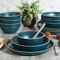 Gibson Home Rockabye 12 Piece Double Bowl Melamine Dinnerware Set, Matte Teal