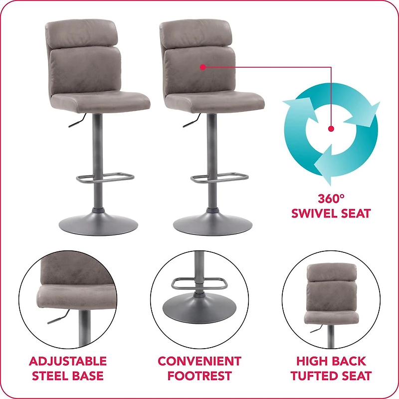 Tabourets de bar d'intérieur rembourrés à dossier haut Palmer de CorLiving, hauteur réglable, gris vieilli (lot de 2)