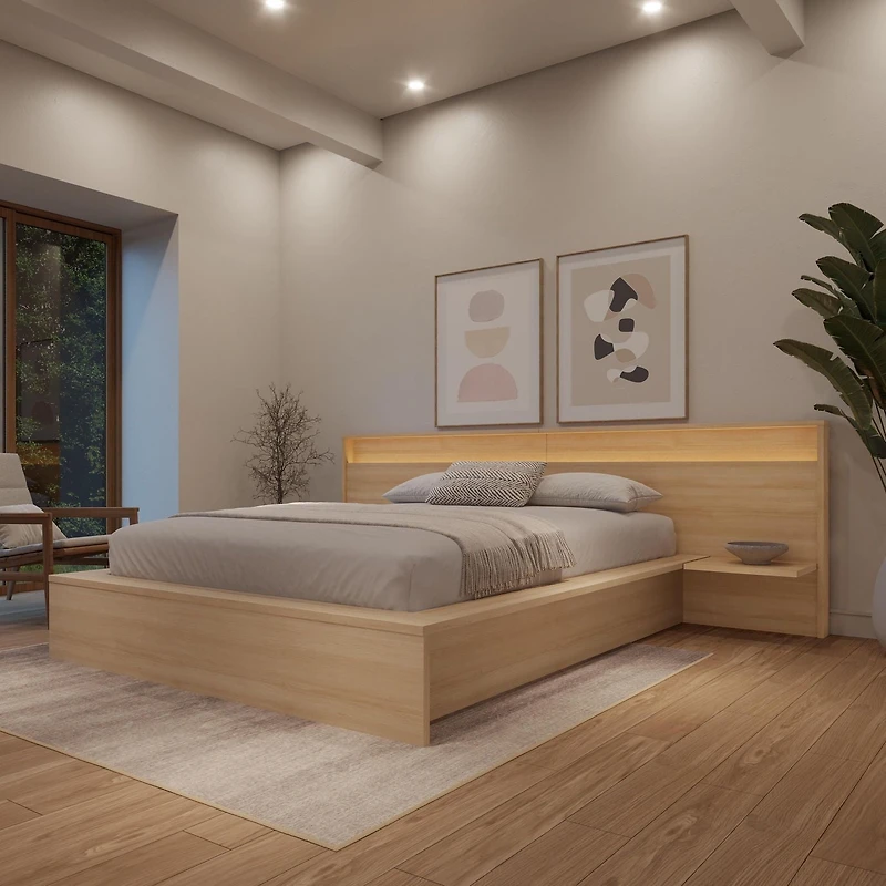 Luna Bedroom Set with Slatted Bedframe, Wide Headboard with Lights and Shelves