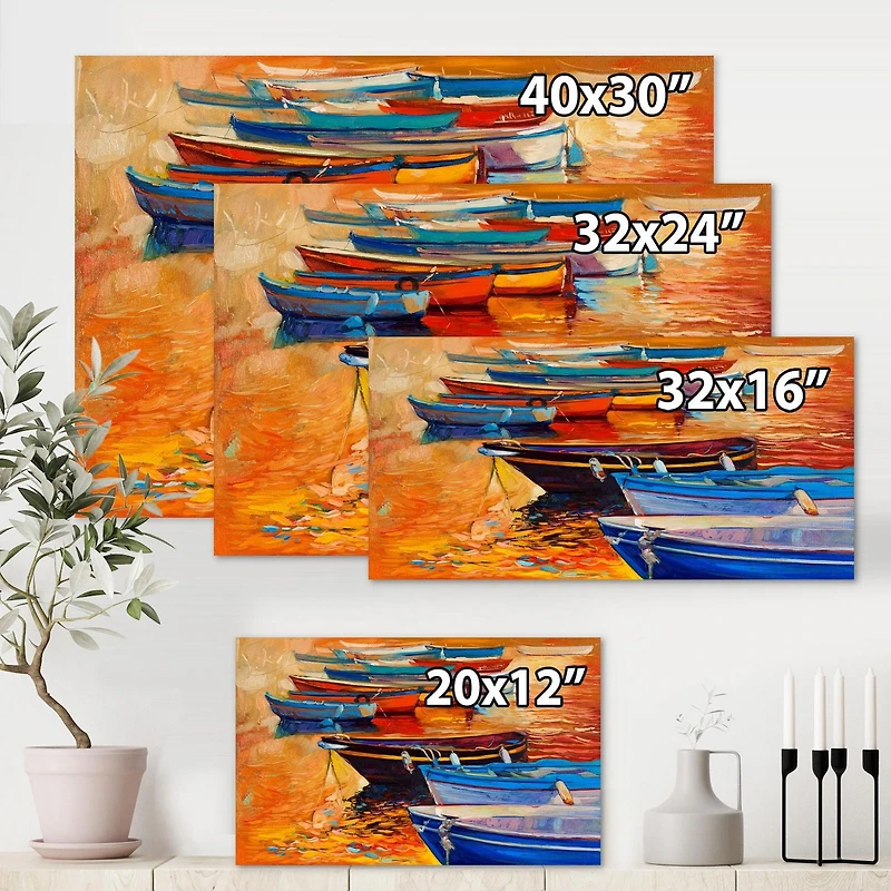 Designart Bateaux dans le port pendant le coucher du soleil chaud de Colourd I Art mural sur toile