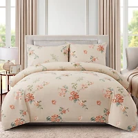Literie Marina Décoration ultra douce et soyeuse en rayonne de bambou imprimée, toutes saisons, housse de couette, drap-housse, avec fermeture éclair et lien d'angle, motif floral pêche taupe