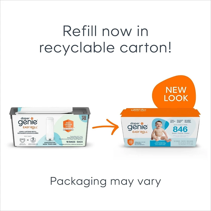 Poubelle à couches Diaper Genie Signature - Blanc - Pédale, contrôle des odeurs 9 sacs Easy Roll / contient jusqu’à 423 couches
