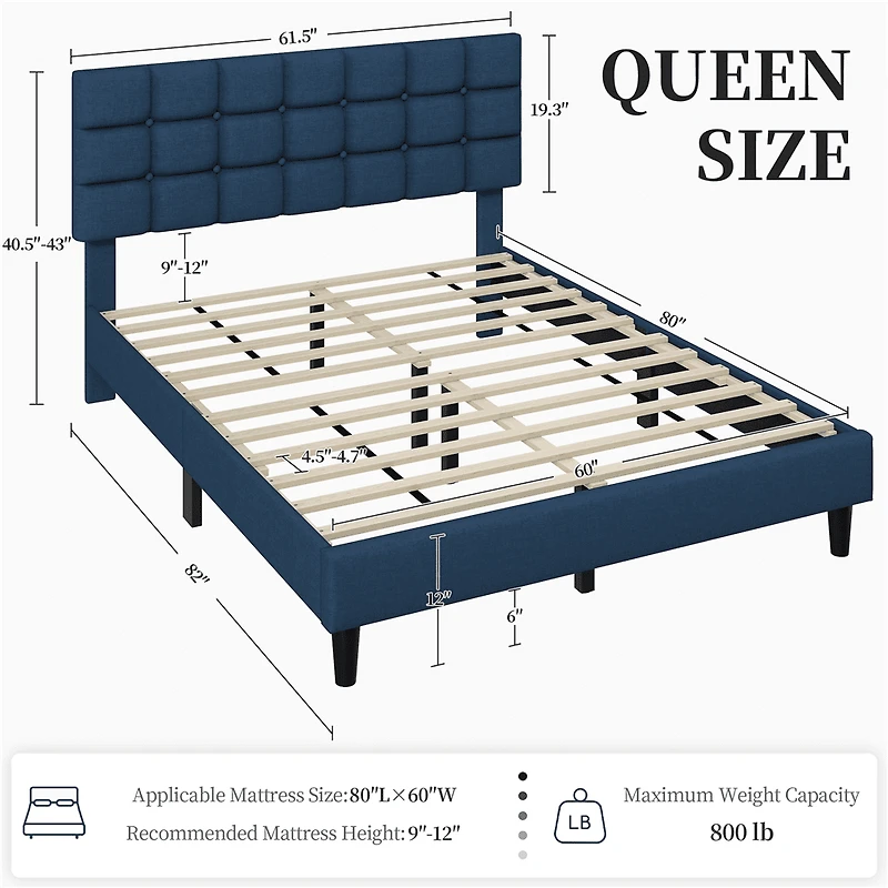 Fullfurnique Upholstered Platform Bed Frame with Square Tufted Headboard, Full, Navy Blue