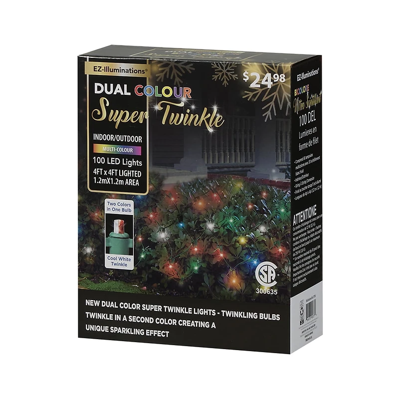 EZ-Illuminations 4'x4' 100-Count LED Net Lights, Multicolor with Cool White Flicker, 4ft x 4ft (1.2mx1.2m) lighted area