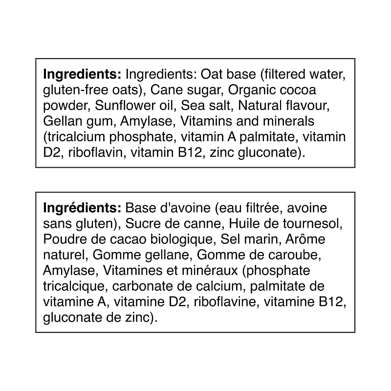 Boisson a l'avoine chocolat Earth's Own 946ml_FR Earth's Own boisson à l'avoine Earth's Own, Chocolat , à base de plante, sans gluten, Sans produits laitiers, fabrique au Canada avec de l'avoine cultivée au Canada