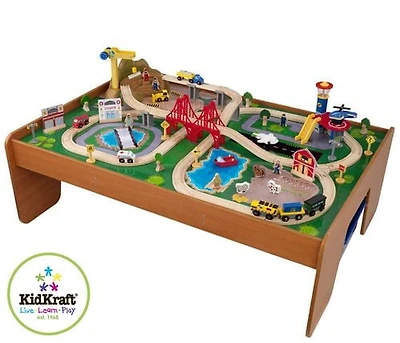 KidKraft Ride Around Town Wooden Train Set and Table with Storage Bins and 100 Pieces, Honey