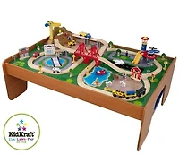 KidKraft Ride Around Town Wooden Train Set and Table with Storage Bins and 100 Pieces, Honey