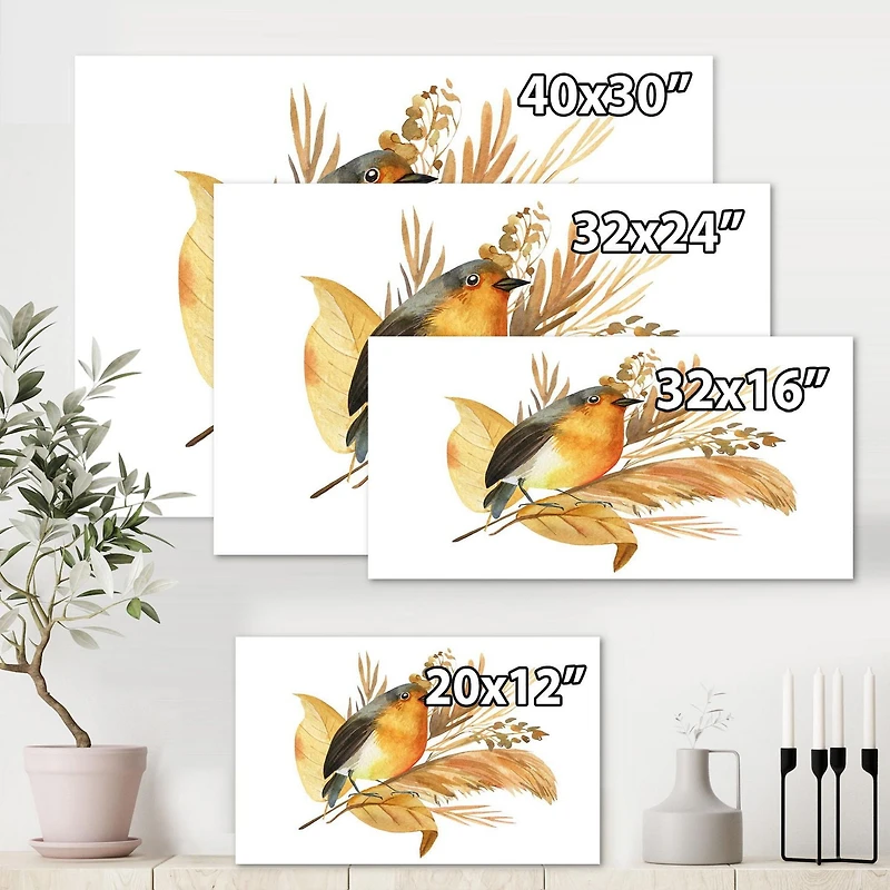 Designart Robin Bird and Autumn Flowers Canvas Wall Art