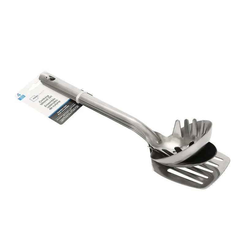 Mainstays Ensemble d'ustensiles de cuisine 4 Pièces en acier inoxydable, spatule, cuillère à fentes, louche et cuillère à pâtes Outils de cuisine indispensables