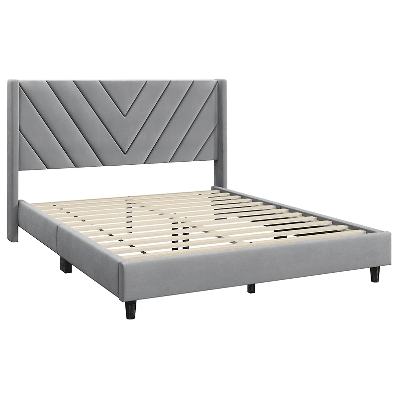 Fullfurnique Upholstered Platform Bed Frame with Wooden Slat Support, Full, Light Gray