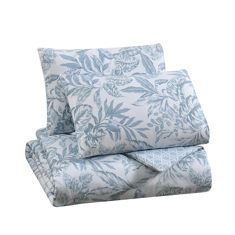 C&C California Printed Leaf Reversible Comforter Set, 100% Cotton, Breathable, All-Season Comfort , 3 piece, King, Blue