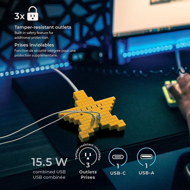 GLOBE 3-Outlet Yellow Pixel Star Flat Plug Indoor Power Strip with 1x USB-A 1x USB-C Charging Ports (15.5 combined)