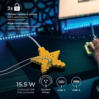 GLOBE 3-Outlet Yellow Pixel Star Flat Plug Indoor Power Strip with 1x USB-A 1x USB-C Charging Ports (15.5 combined)