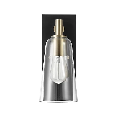 Applique murale à 1 ampoule noir mat avec accents en laiton mat et abat-jour en verre transparent