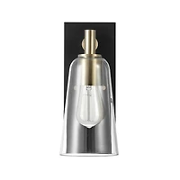 Applique murale à 1 ampoule noir mat avec accents en laiton mat et abat-jour en verre transparent