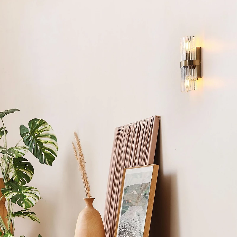 2-Light Matte Brass Wall Sconce with Ribbed Glass Shade