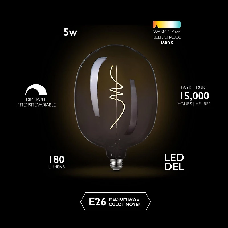 Globe Electric Luxe Luxury Oversized Smoked Glass LED Filament Light Bulb, 5 Watts (25 Watt Equivalent), Gradient Smoked Glass Design, Oval Shape, E26 Base, 1800 Kelvin, 180 Lumens, 15 000 Hour Lifesp
