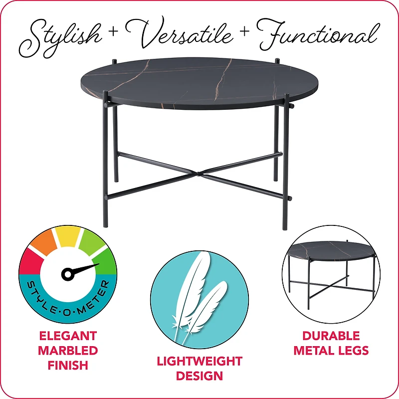 Table basse d'intérieur CorLiving Ayla en bois d'ingénierie effet marbré noir avec pieds en fer