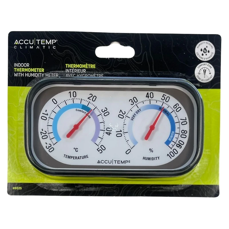 Accutemp Indoor Thermometer with Humidity Meter, Easle Stand, Comfort Zone indicator,  Black, Temperature and Humidity