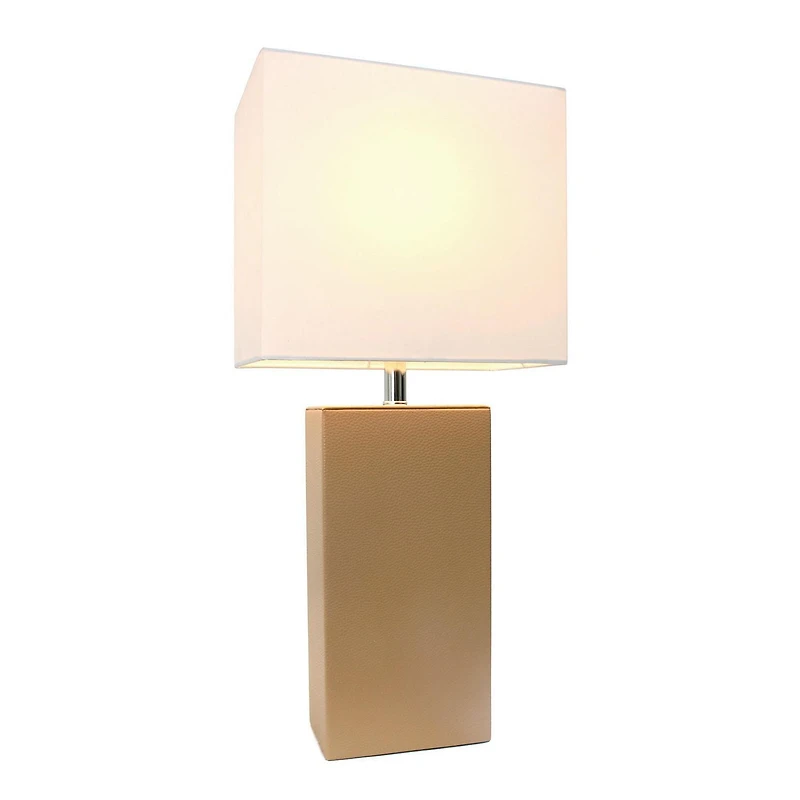 Conceptions Elégantes Lampe de table moderne en cuir avec abat-jour en tissu blanc, beige