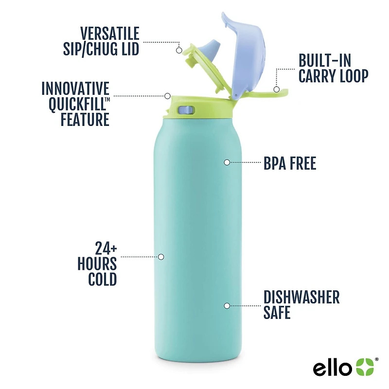Ello Flip & Fill 32 oz Stainless Steel Water Bottle