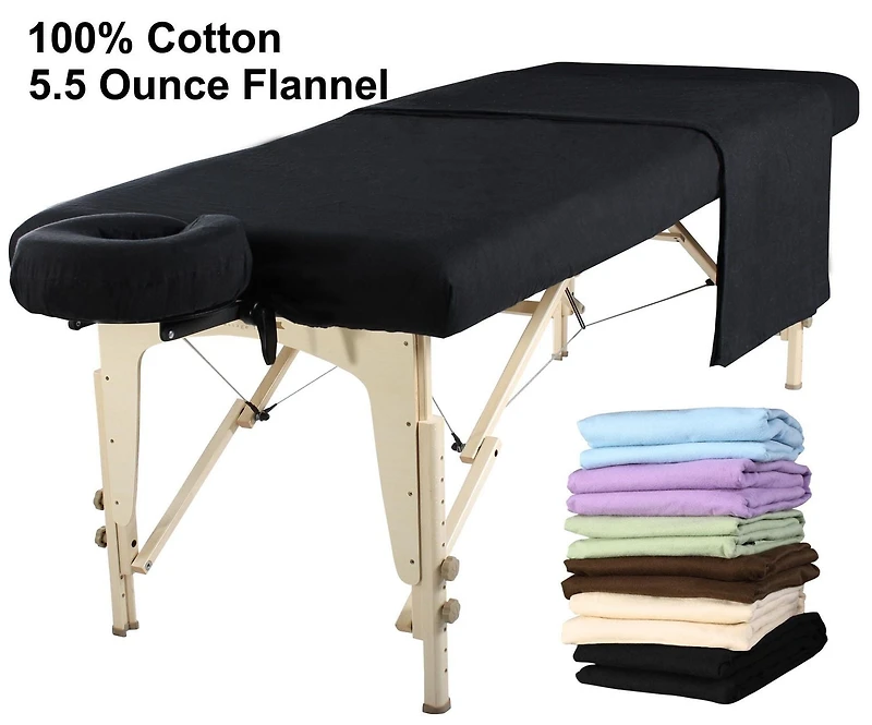 Set de 3 pièces de drap en flanelle de coton Master Massage comprenant un drap plat, un drap housse et un protège visage - NOIR