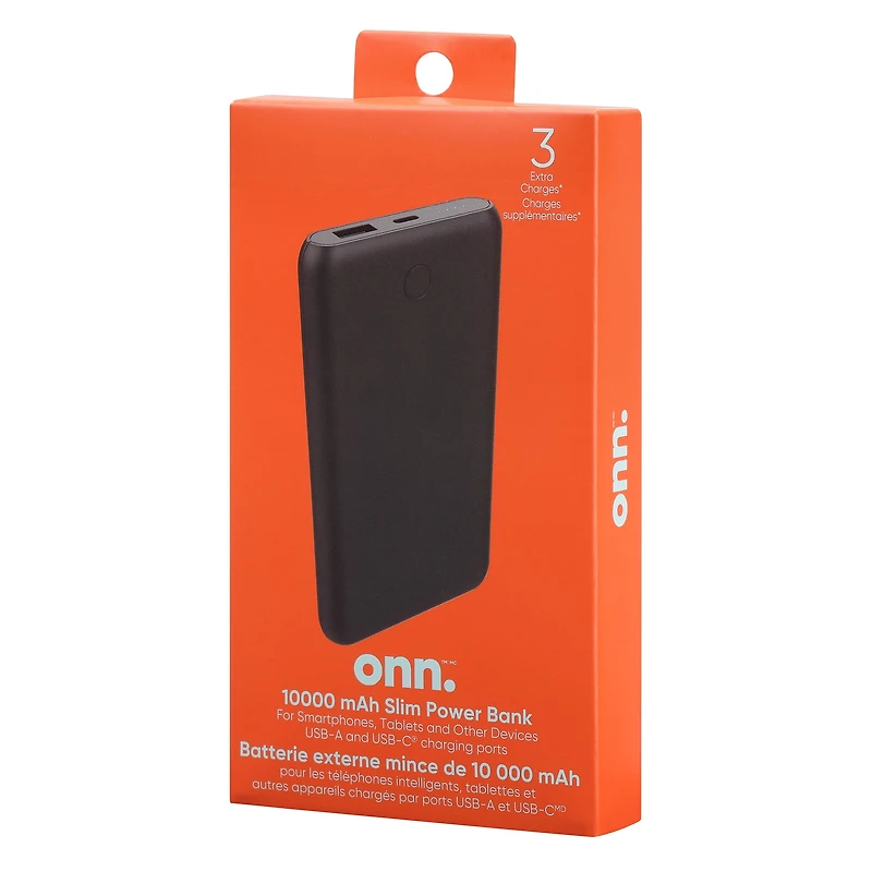 onn. Batterie externe mince de 10000 MAh avec ports de chargement USB-A et USB-C pour téléphones intelligents, tablettes et autres appareils 3 Charges supplémentaires