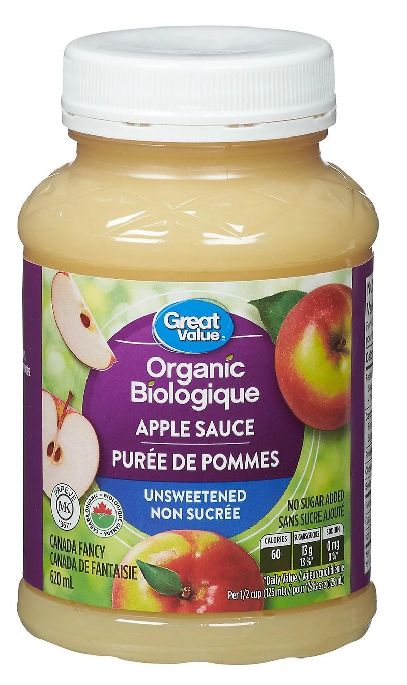 Purée de pommes non sucrée biologique Great Value 620 mL Purée de pommes biologique non sucrée