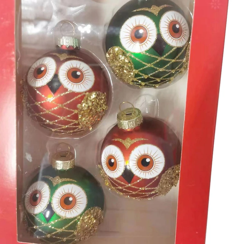 HOLIDAY TIME 65MM X 4CT RED/GREEN GLASS OWL ORNAMENT