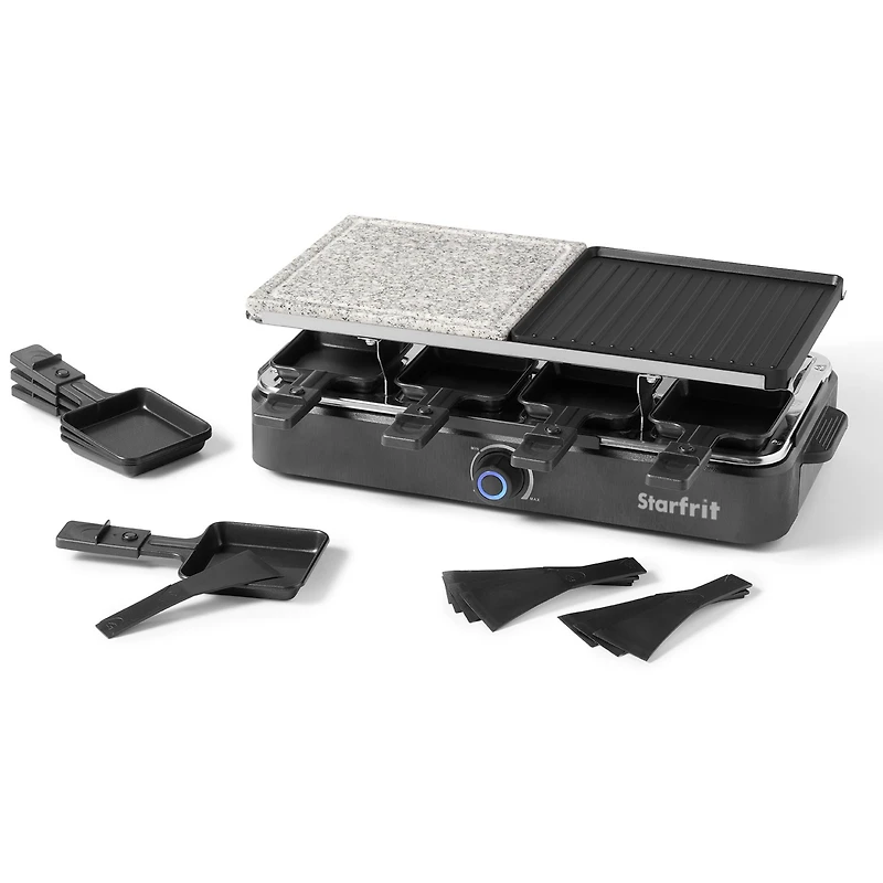 Starfrit 8-Person Raclette Party Grill, 2-in-1 Die-Cast Aluminum & Cooking Stone, Adjustable Temperature, 8 Spatulas & Dishes, 1300W, Hand Wash, Black, 2-in 1 Grill or griddle