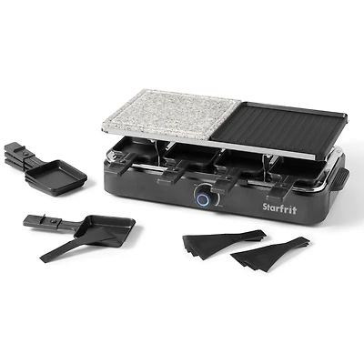 Starfrit 8-Person Raclette Party Grill, 2-in-1 Die-Cast Aluminum & Cooking Stone, Adjustable Temperature, 8 Spatulas & Dishes, 1300W, Hand Wash, Black, 2-in 1 Grill or griddle
