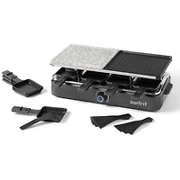 Starfrit 8-Person Raclette Party Grill, 2-in-1 Die-Cast Aluminum & Cooking Stone, Adjustable Temperature, 8 Spatulas & Dishes, 1300W, Hand Wash, Black, 2-in 1 Grill or griddle
