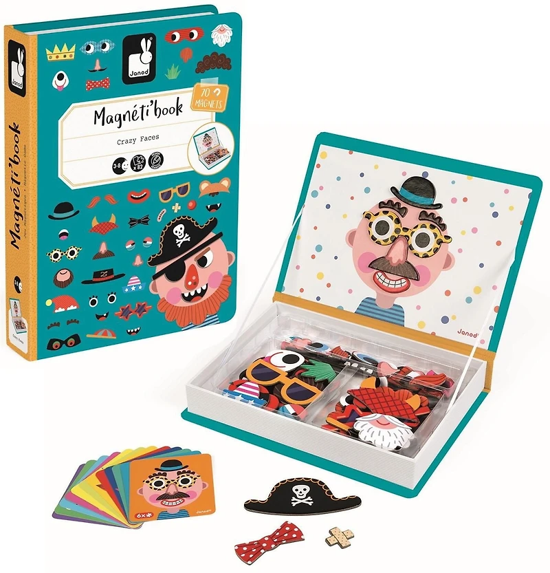 Janod • Boy’s Crazy Faces Magneti’Book • 3 to 8 Years • Educational Magnetic Games Toy for Kids Toddler Children • J02716