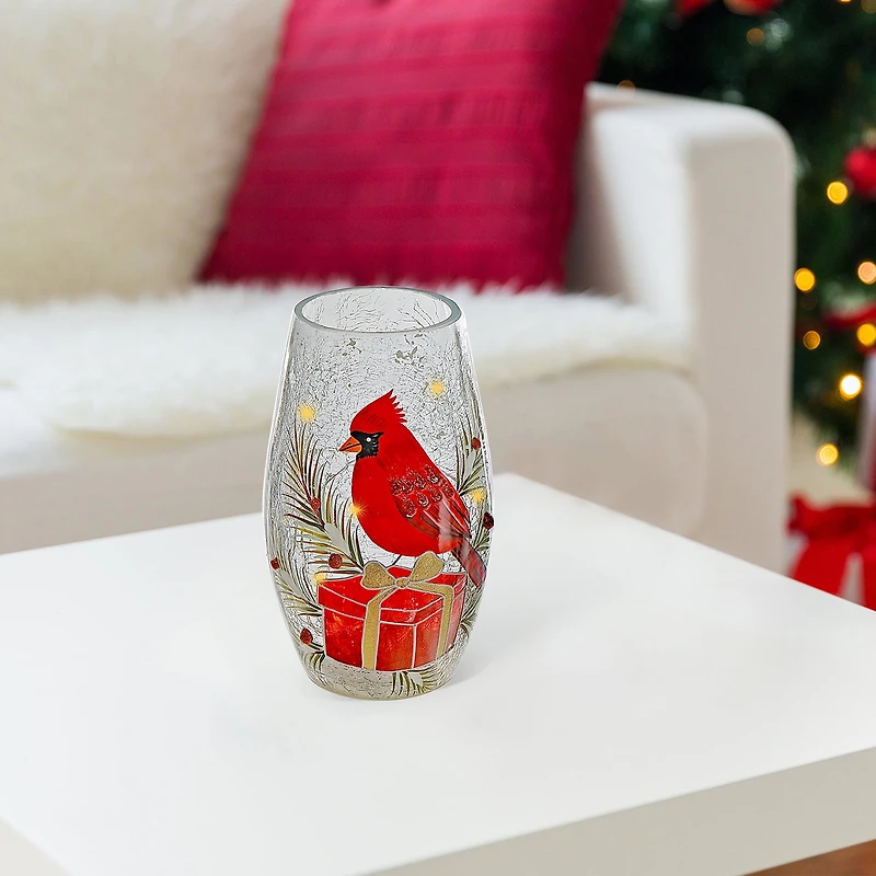 Décoration En Verre Oblong Craquelé À Led (Cardinal Sur Boîte Cadeau)