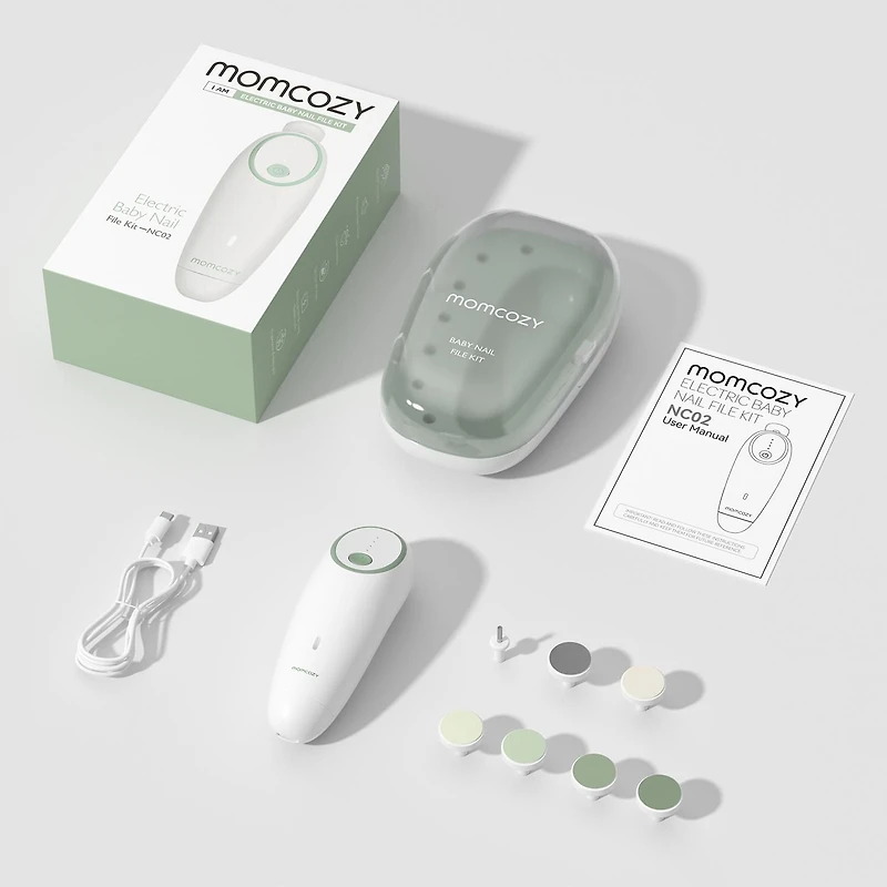 Momcozy Baby Nail File Electric, Gentle Baby Nail Trimmer Electric Rechargeable, Baby Nail Clipper Electric, 7 Grinding Head Replacement Pads, MOMCOZY Electric Baby Nail File Kit