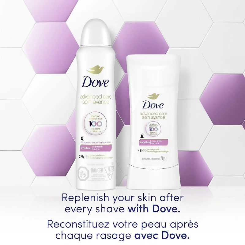 Antisudorifique en Vaporisateur à Sec Dove Soin Avancé Parfum Fini Clair, 107g Antisudorifique