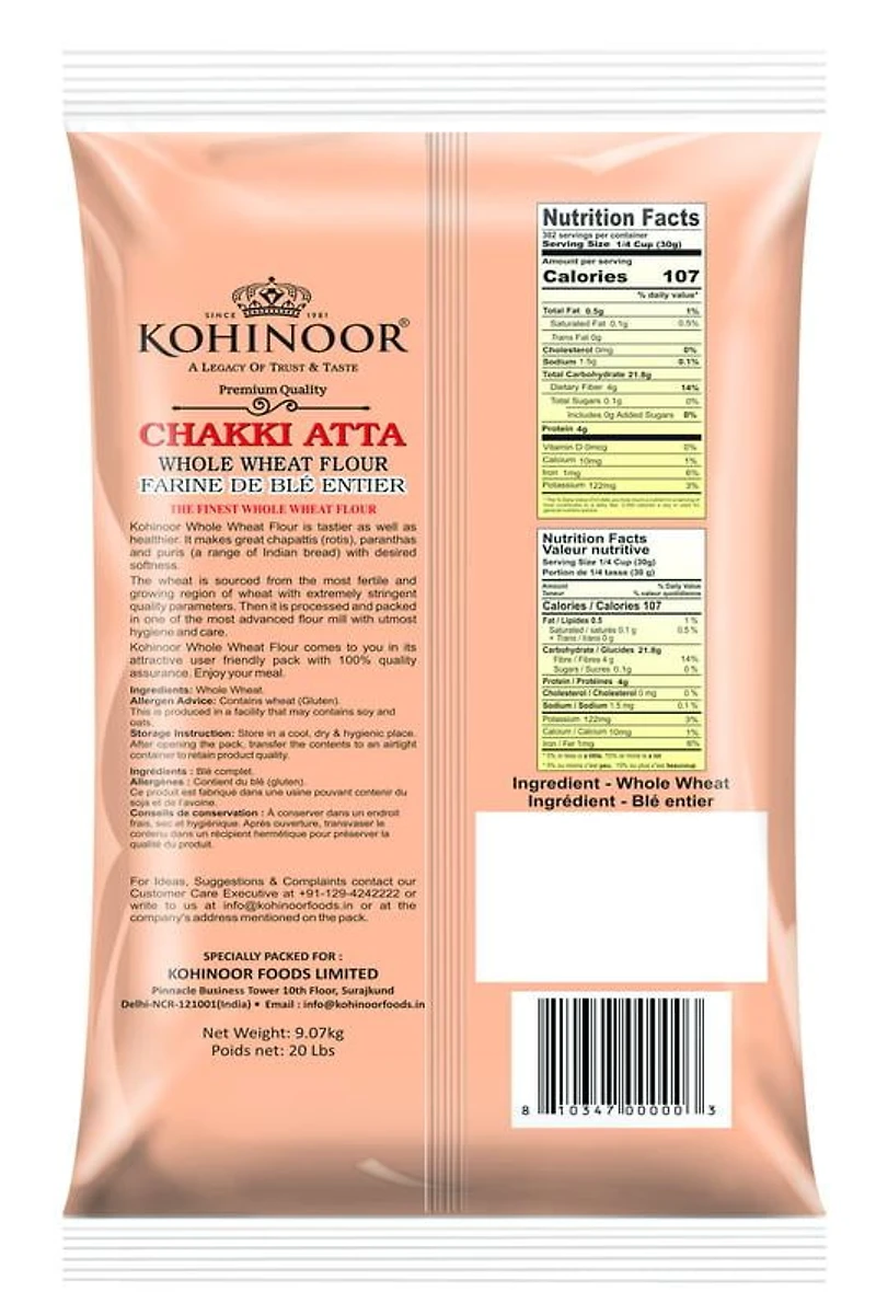 Kohinoor Premium Quality Chakki Atta – Whole Wheat Flour | 9.07 kg (20 lbs)