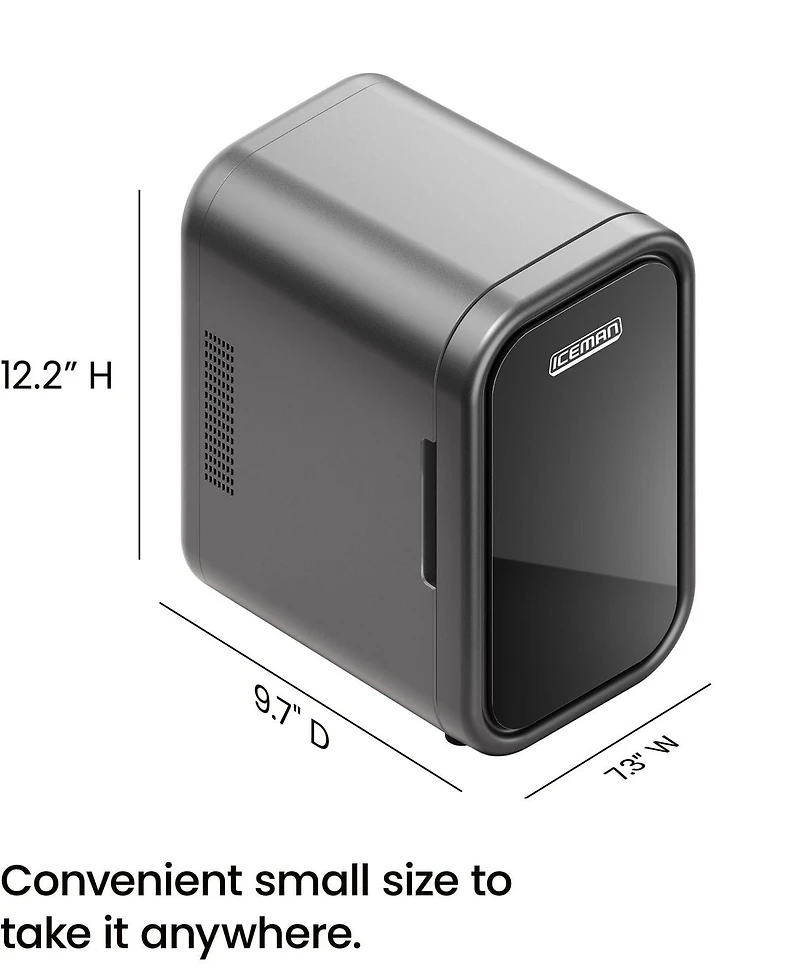 ICEMAN Portable Mini Fridge w/ 8 355 ml (12oz) Can Capacity, Cools and Heats, Car Plug Included - Black, New