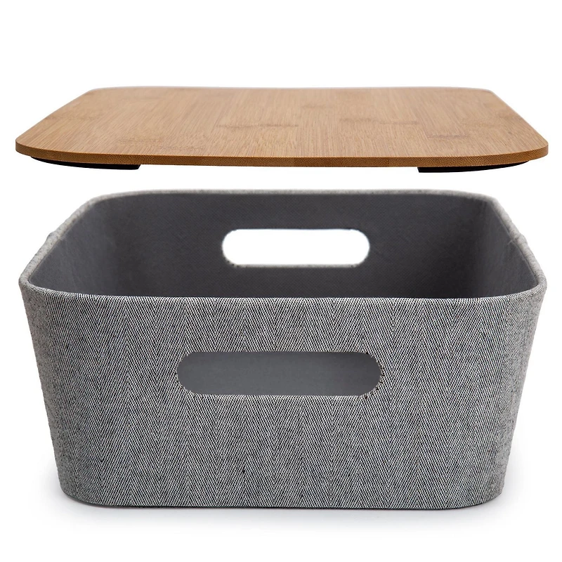 Truu Design Modern and Sleek Decorative Paper Grey Storage Basket with Bamboo Lid