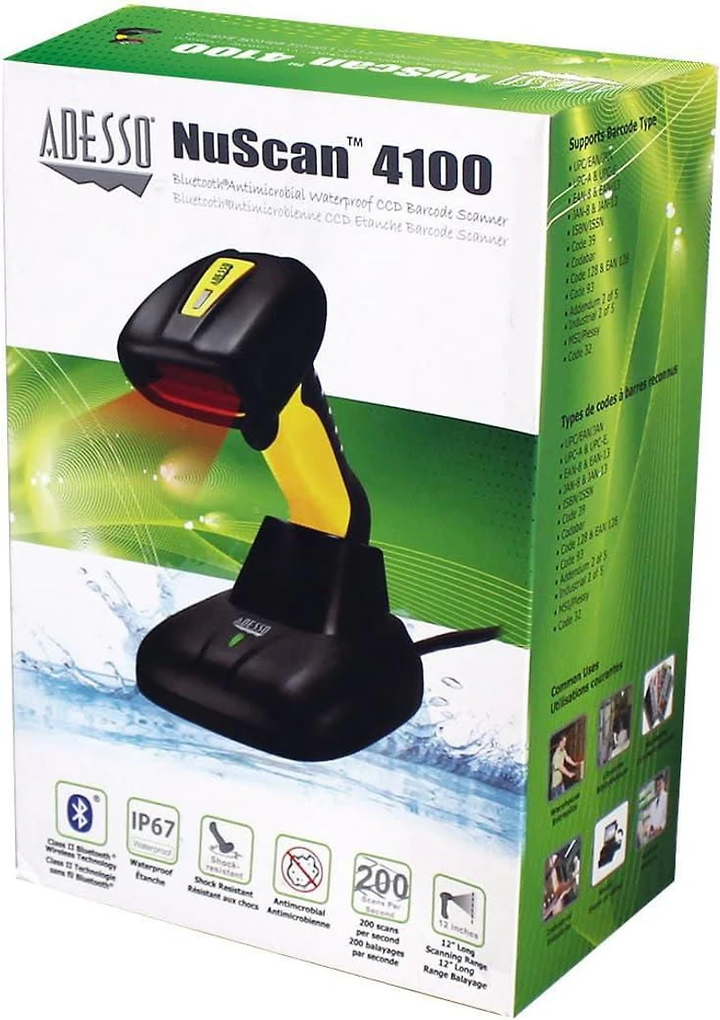 Adesso NUSCAN 4100B Bluetooth Antimicrobial Waterproof CCD Barcode Scanner