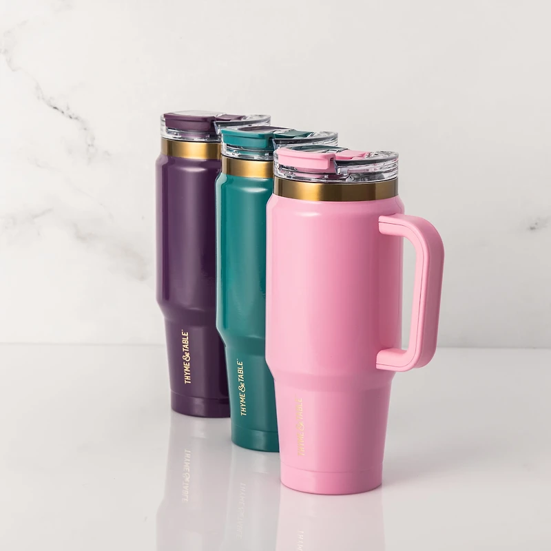 Thyme & Table 26 oz Water Bottle with Straw Lid, Pink with Heart Gold Charm