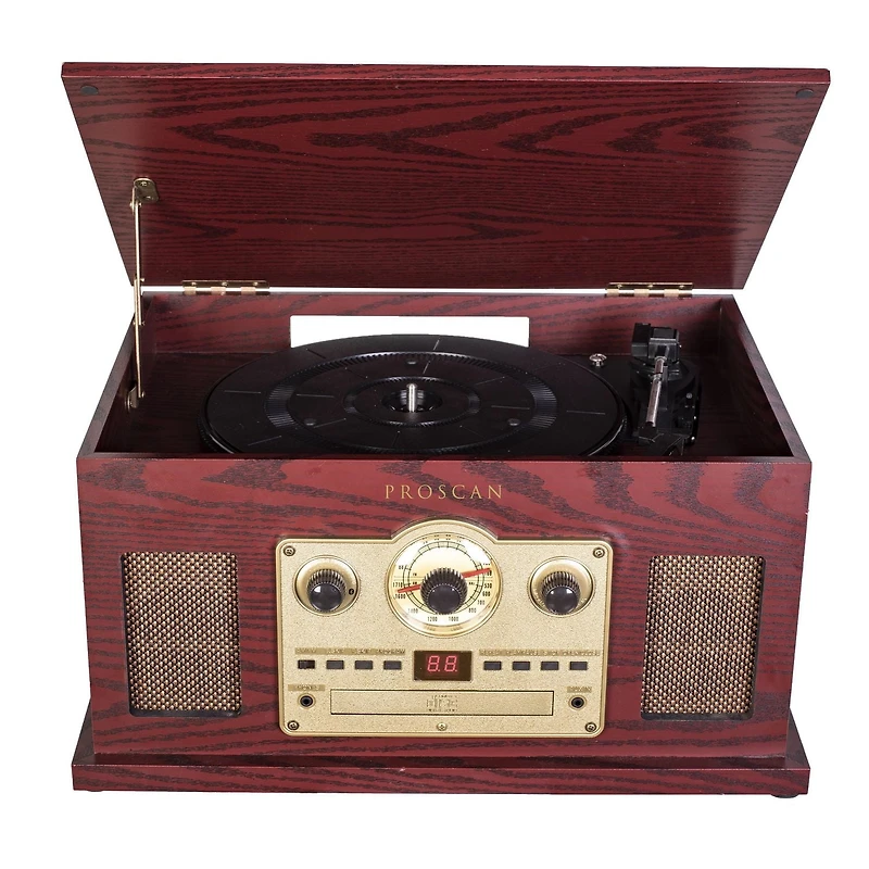 Tourne-disque Bluetooth nostalgique 6-en-1 de Proscan avec CD, cassette, AUX et radio AM/FM - Marron