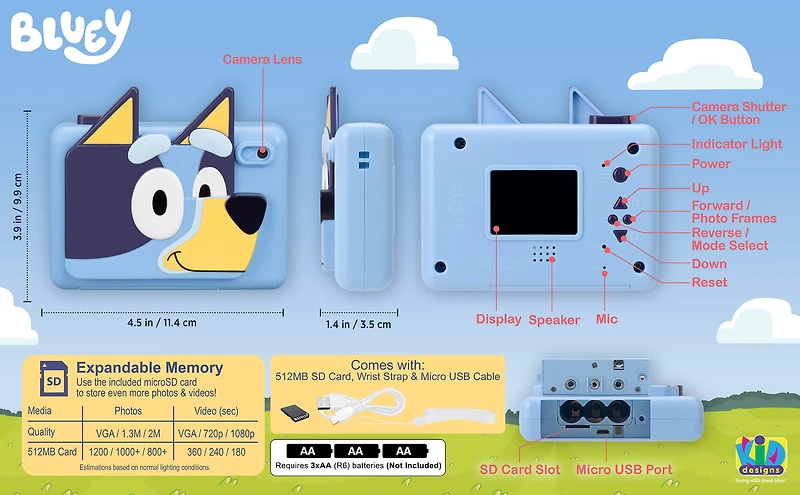 eKids Bluey Digital Camera for Kids with SD Card and Built-in Digital Stickers