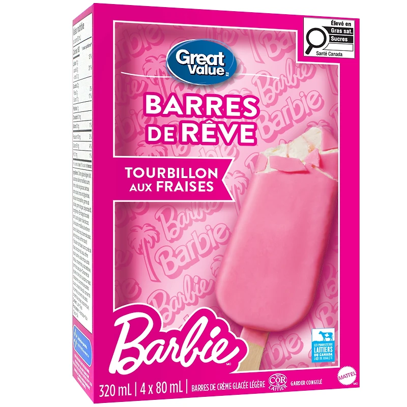 Great Value Barbie Strawberry Swirl Light Ice Cream Bars, 4 x 80 mL