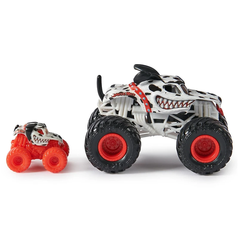 Monster Jam, Monster truck officiel en métal moulé Dalmatian, échelle 1:64, avec mini-véhicule collector à l'échelle 1:87 en cadeau, jouets pour filles et garçons à partir de 3 ans