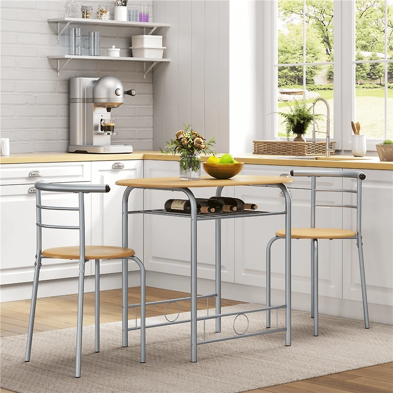 Fullfurnique Ensemble de salle à Manger Rond Moderne 3 Pièces avec Table et 2 Chaises Pieds en Acier, Naturel