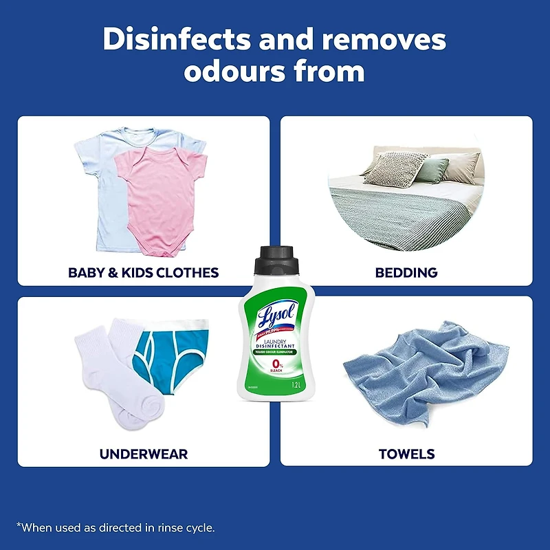 Lysol Laundry Disinfectant, Odour Eliminator, 0% Bleach, Eliminates germs that detergents may leave behind, 1.2 L