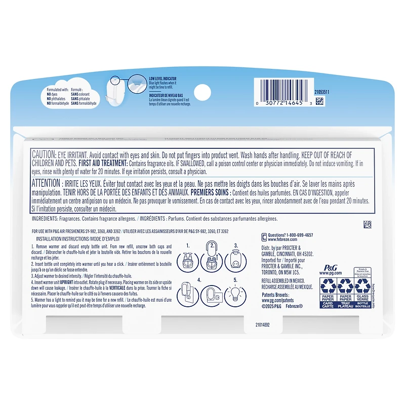 Assainisseur d’air Febreze Prise, recharge d’huile parfumée qui combat les odeurs, mélange de base, 3 recharges 77.7ML