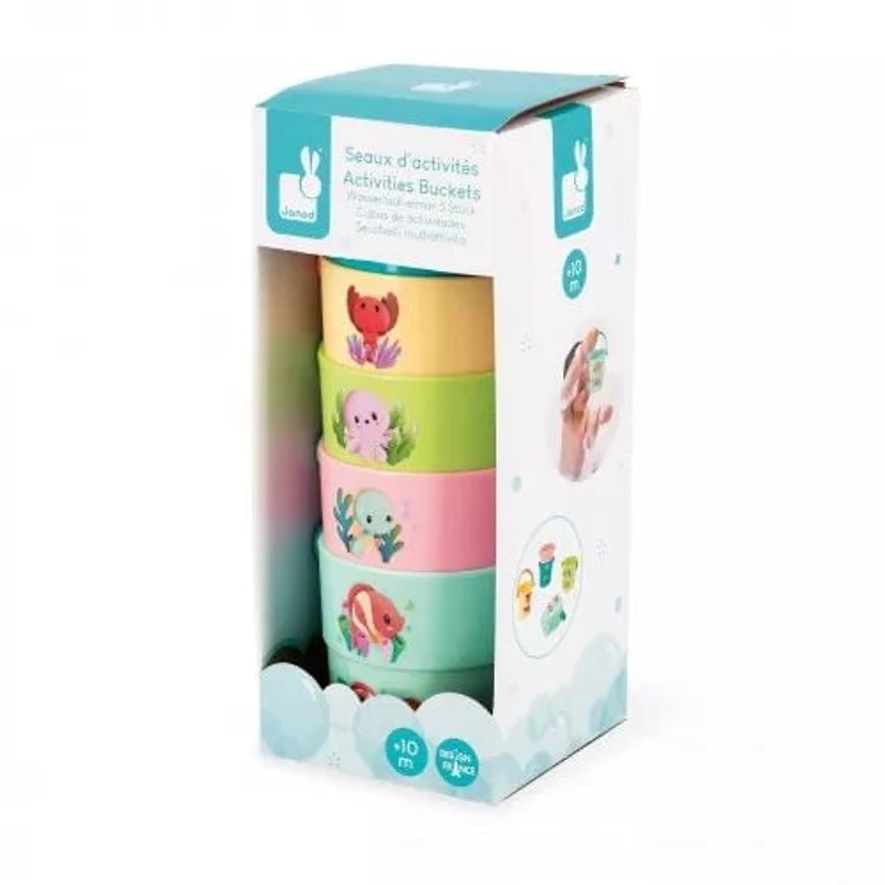Janod - Animaux 5 seaux de jeu pour le bain - Jeu éducatif de jouet de bain pour bébé avec des seaux avec des animaux marins pour bébé - À partir de 10 mois.